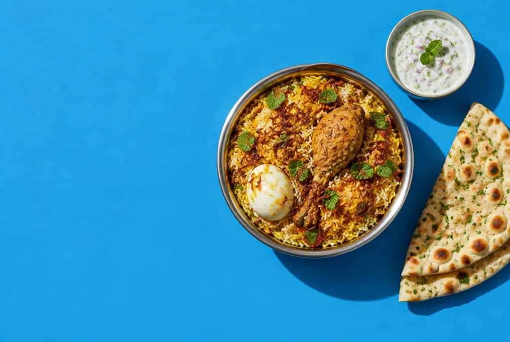Chicken biryani with raita and naan