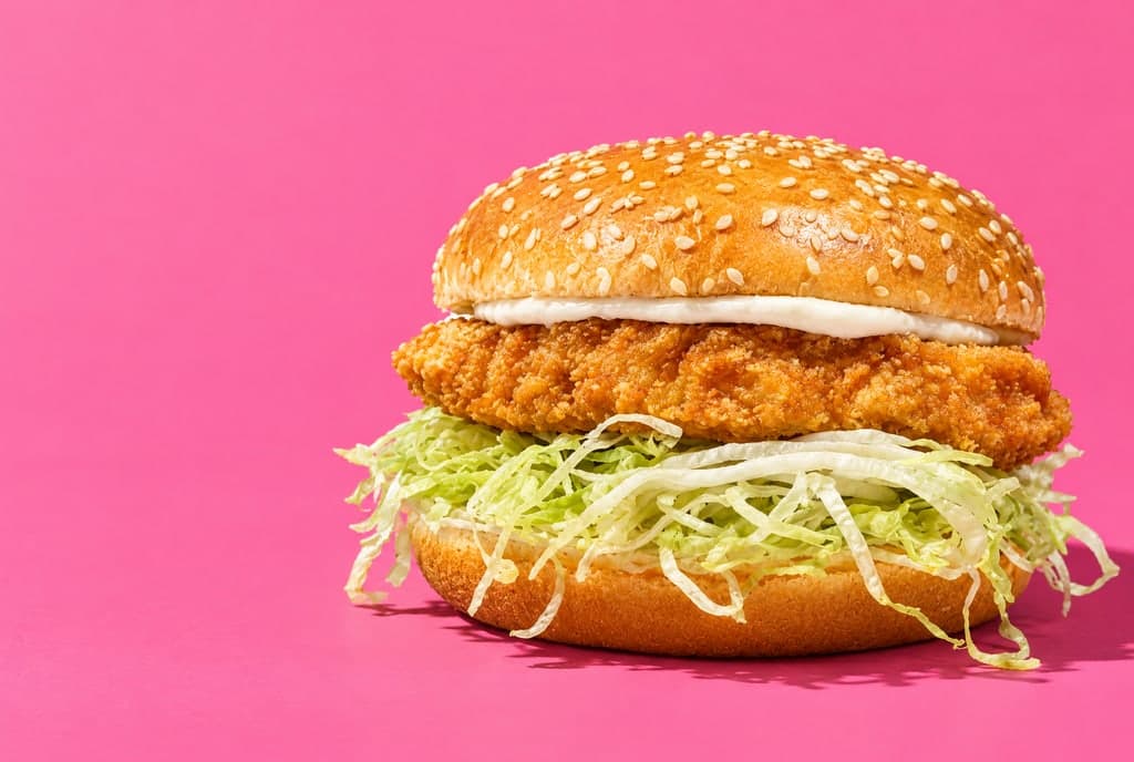 A breaded chicken sandwich with shredded lettuce on a sesame bun