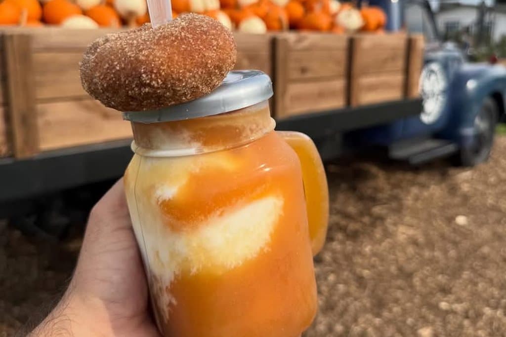 A mason jar of frozen cider swirled with vanilla, a cinnamon sugar donut on the lid, at DeBuck's Family Farm