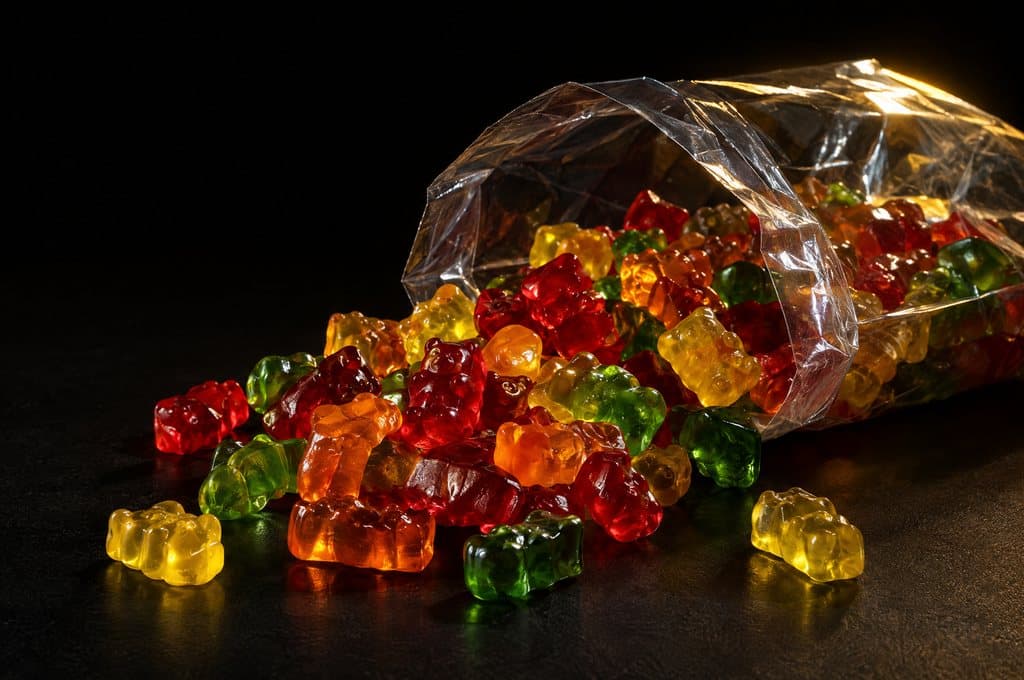 Gummy bears spilling out of a clear bag