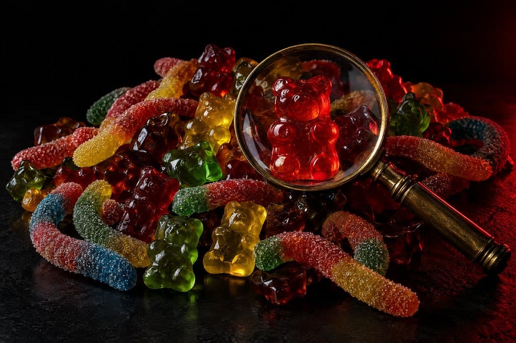 A magnifying glass over a pile of gummy bears and gummy worms