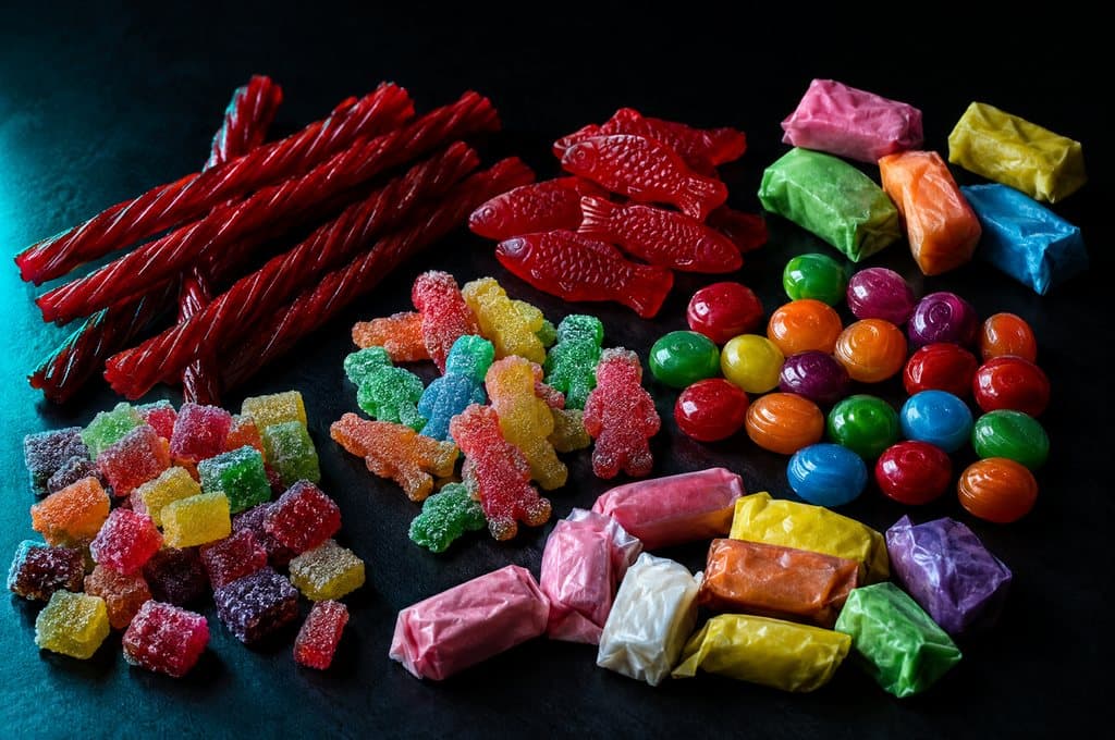 Licorice twists, red fish candies, sour candies, hard candies and taffy