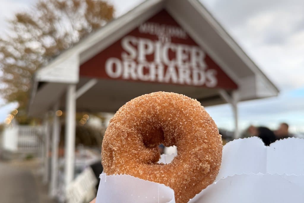 A cider mill donut in a paper bag under the Welcome to Spicer Orchards sign