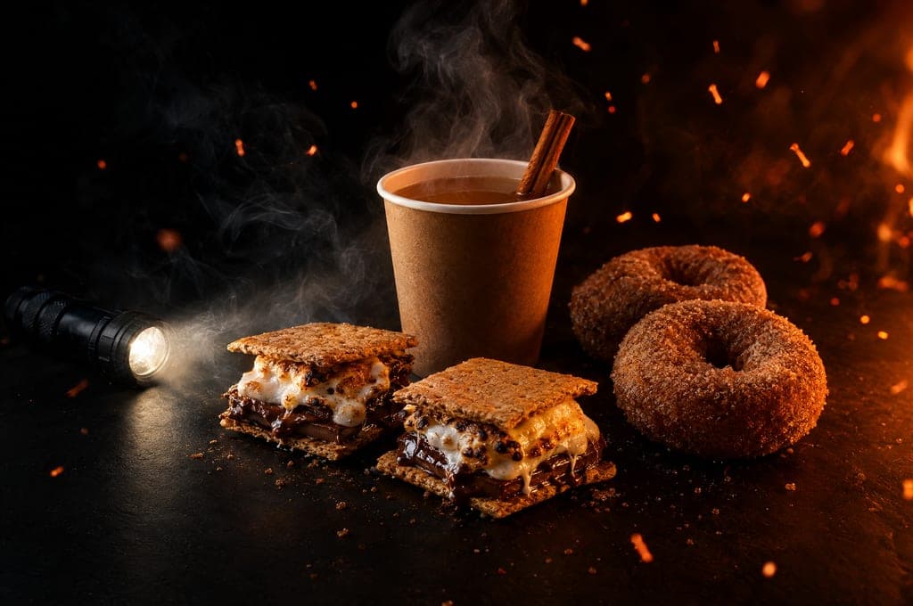 S'mores, a cup of hot cider, cider donuts and a flashlight