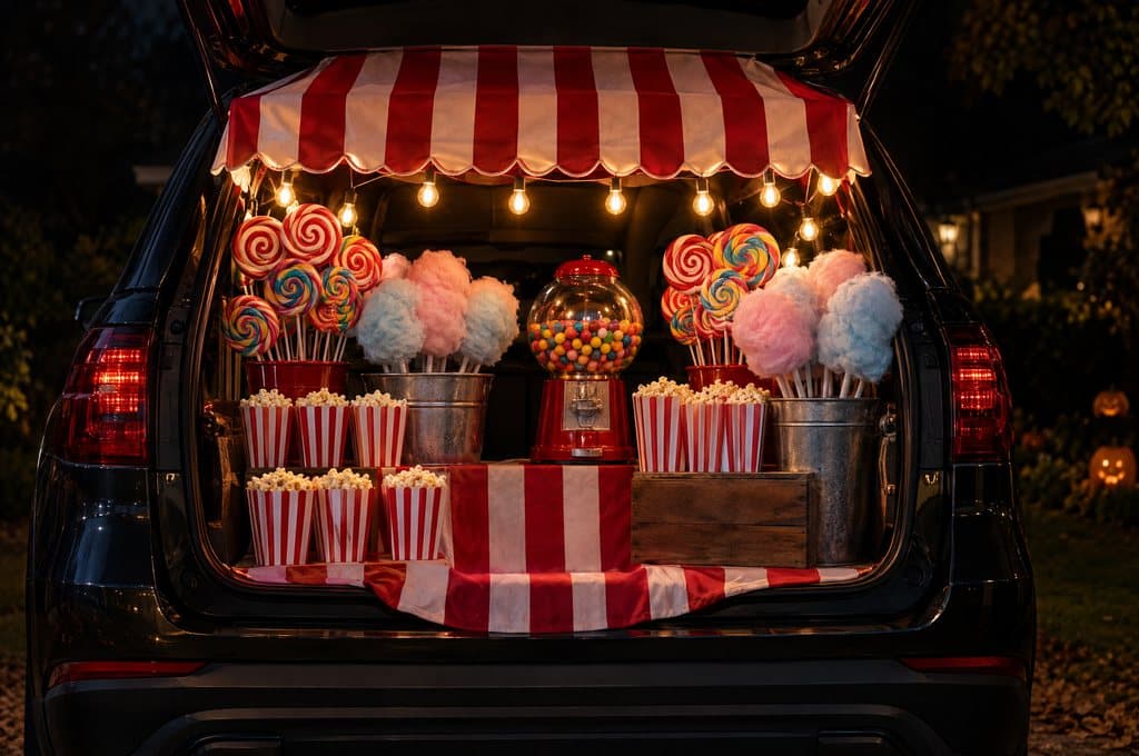 A car trunk dressed as a carnival candy stand with lollipops and cotton candy