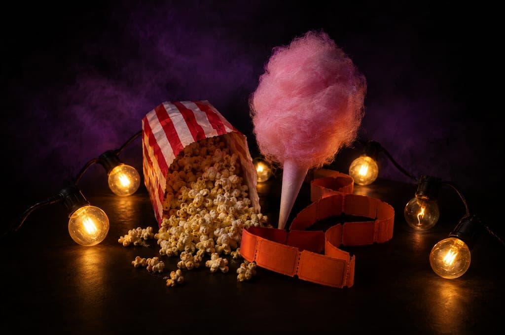 A striped popcorn bag, pink cotton candy, carnival tickets and glowing bulb lights