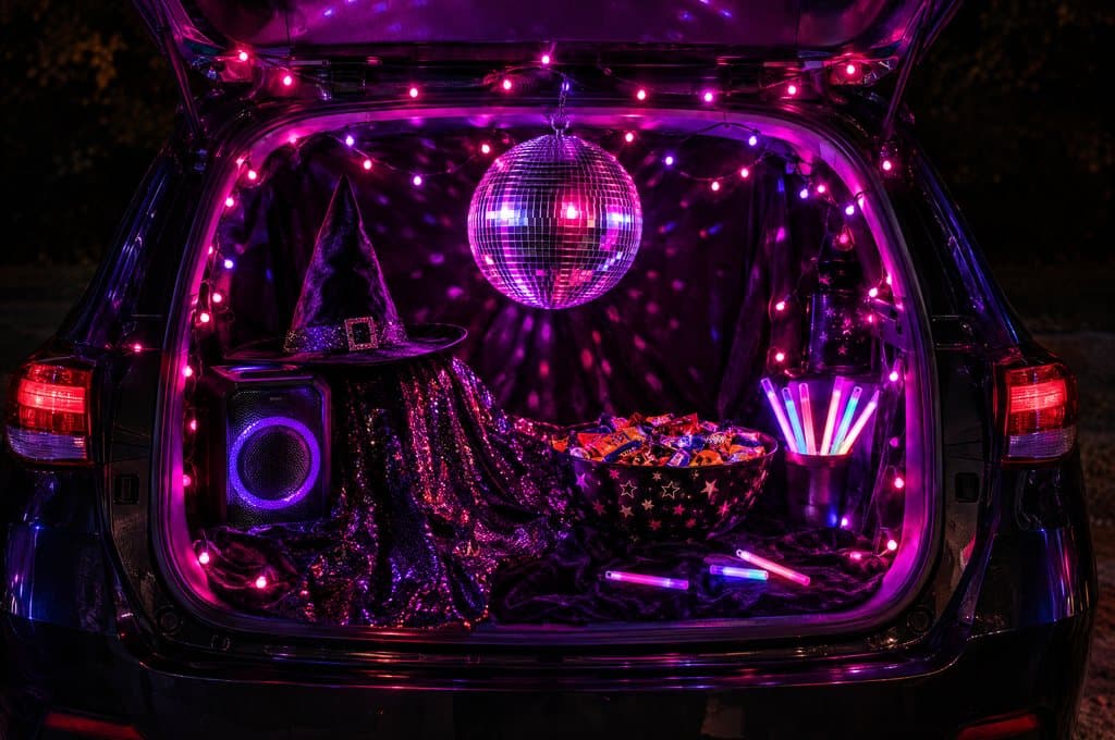 A car trunk lit pink and purple with a disco ball and glow sticks