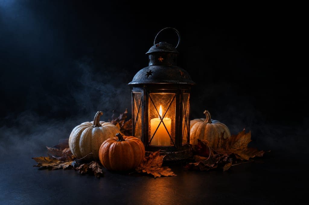 An old iron lantern with a candle, small pumpkins and autumn leaves