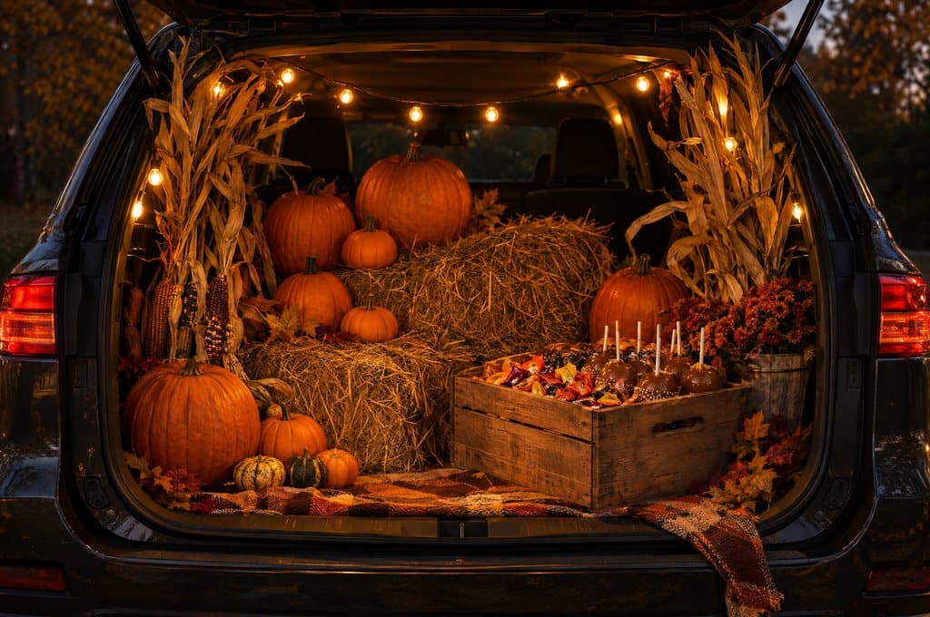 A car trunk filled with hay bales, pumpkins and corn stalks