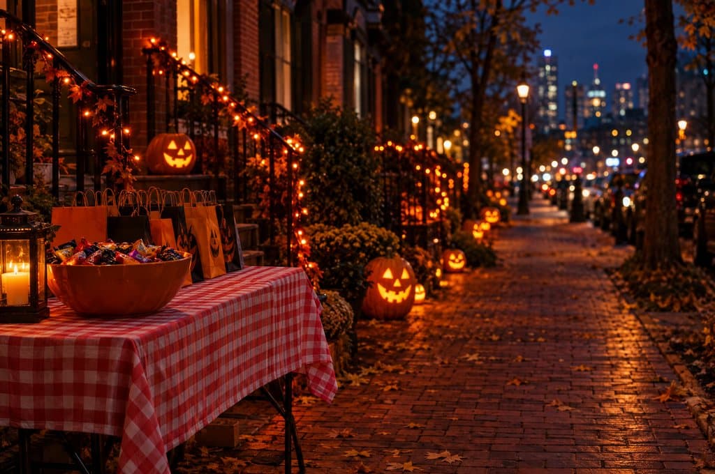 A brick sidewalk lined with jack-o'-lanterns and a candy table