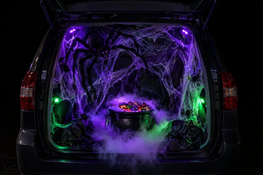 A minivan trunk turned into a purple spider cave with a candy cauldron