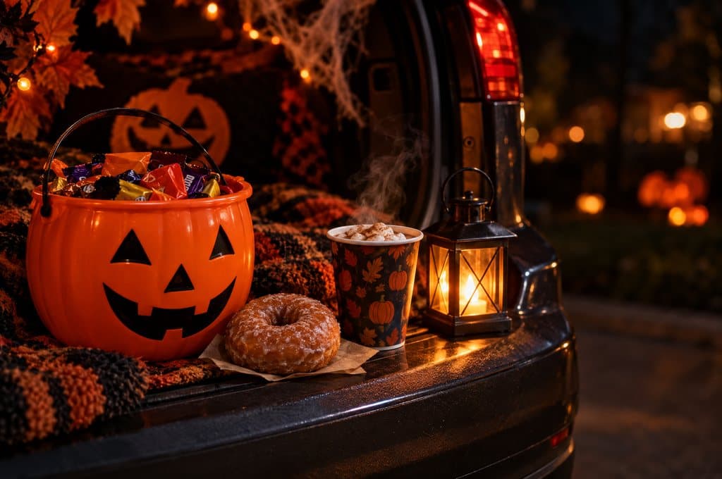 A candy bucket, hot cocoa, a cider donut and a lantern on a car bumper