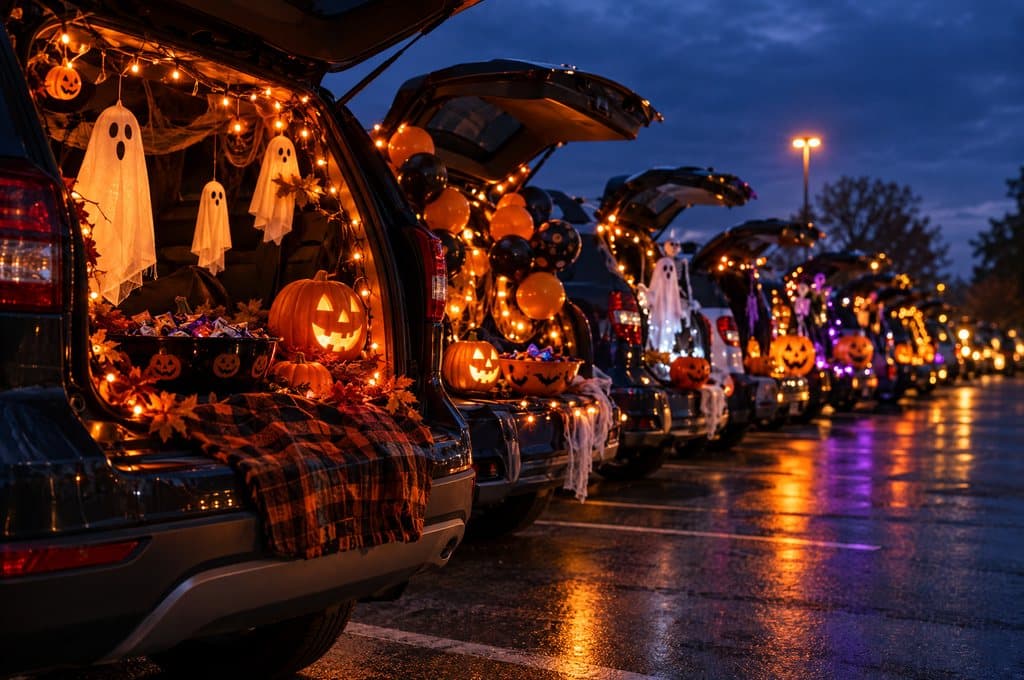 A row of decorated, glowing car trunks in a parking lot at dusk